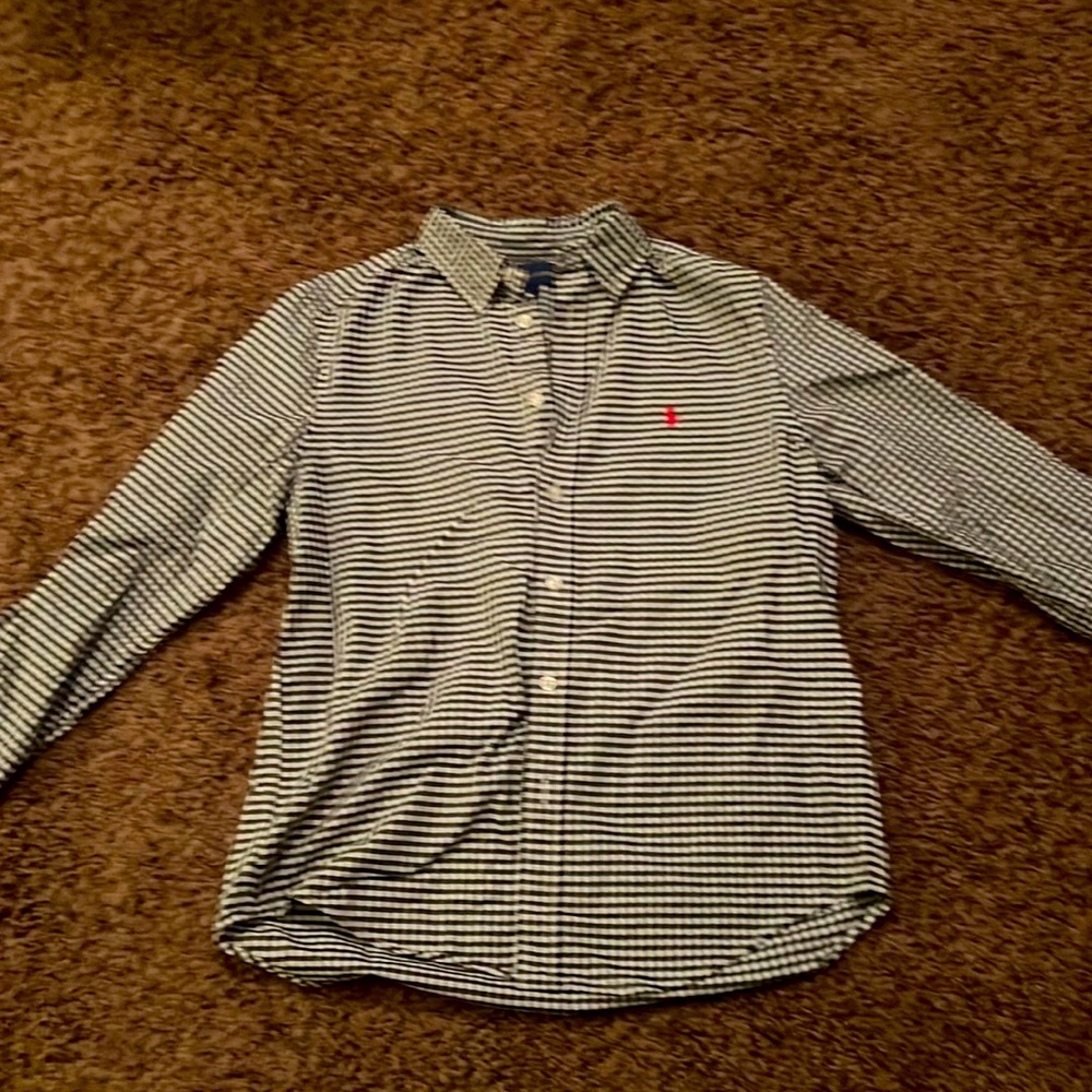 Boys RL Polo button down dress shirt in black gingham print. Red logo. Size L